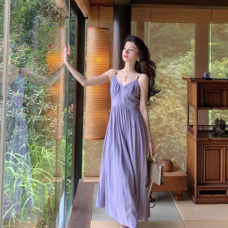 2025 Amazon 新製品美しい紫色のサスペンダードレス女性の夏の島辺りの休暇ウエストビーチスカート|undefined