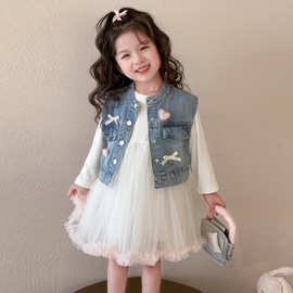 女童连衣裙春装2025新款洋气宝宝公主裙春秋季儿童牛仔网纱裙套装