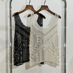 Fashionable Yani European and American new see-through pullover heavy beaded shirt sleeveless loose vest top versatile women's clothing
