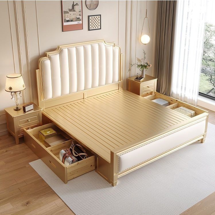 Cama de madera maciza francesa para dos personas red dormitorio principal lujoso ligero Nappa cuero moderno simple 1.8 paquete de almacenamiento de cama americana