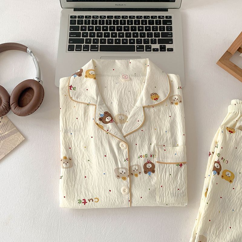 Al por mayor transfronterizo otoño nuevo pijama de manga larga nube de algodón de dibujos animados ropa doméstica de mujer se puede usar con un lindo conjunto de solapa