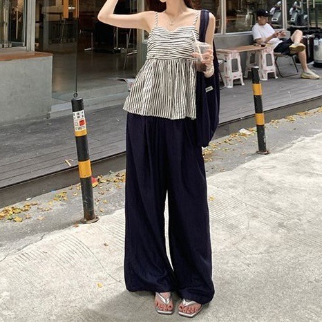 Korean-style new fashion set with color-block stripes tank top and women's summer high-waist slimming casual pants two-piece set