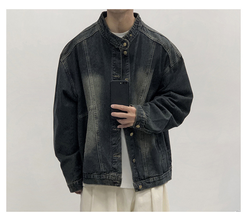 Retro Denim Jacket For Men Washed Ripped Stand-up Collar Style_voghion.com