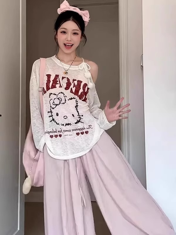 自社工場在庫あり甘いホットガール漫画日焼け止めブラウス女性の夏ルーズ怠惰な長袖 Tシャツオフショルダートップ|undefined