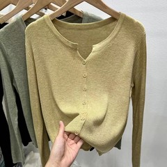 韓国風シンプルな小さなVネックウール混ニットカーディガンレディース春薄手万能トップススリムブレストボトムス