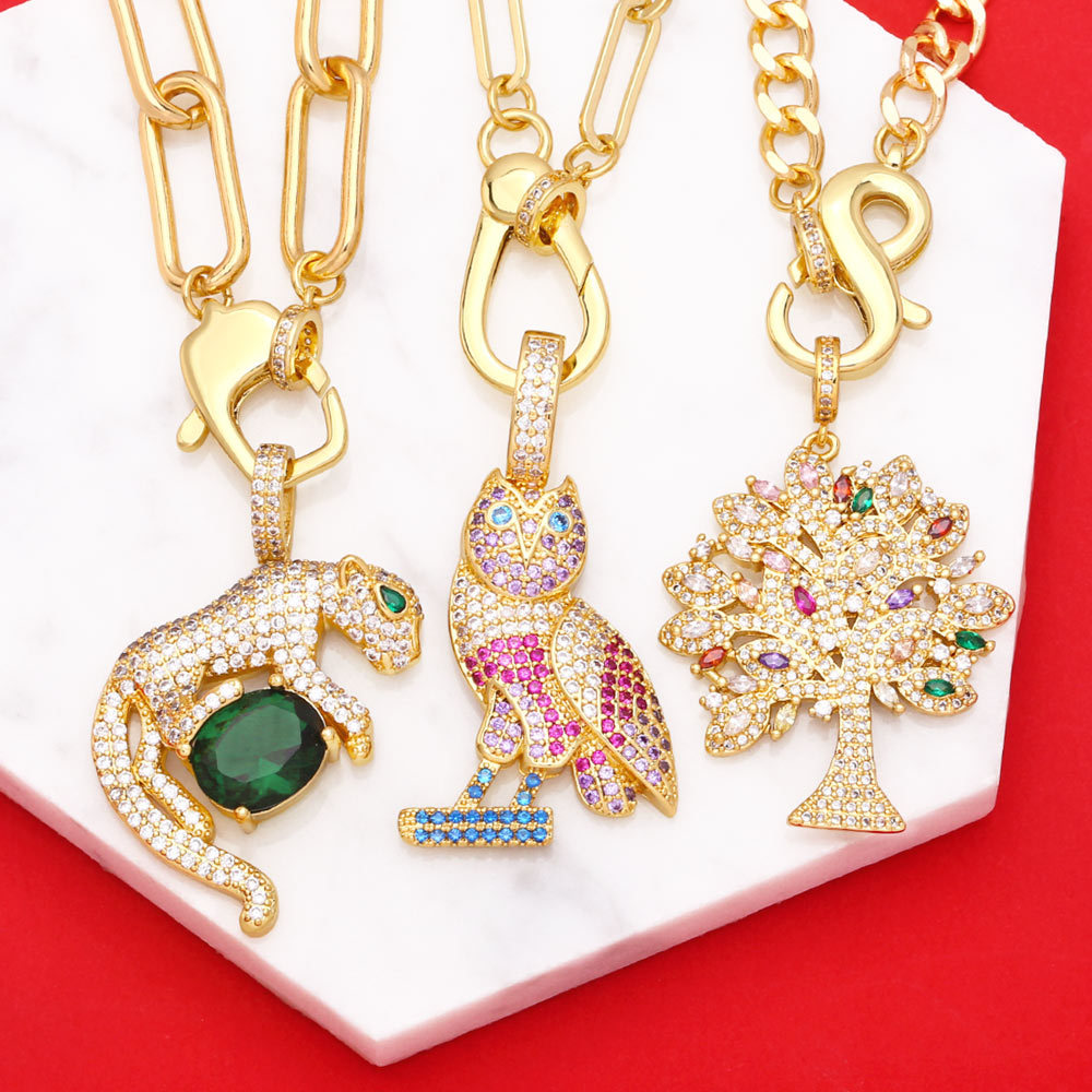 Hip-hop Color Zircon Leopard Owl Tree Of Life Pendant Copper Necklace display picture 3