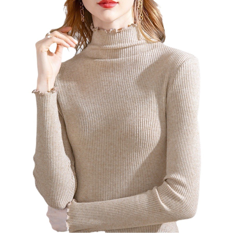 Suéter de cuello alto las mujeres otoño e invierno nuevo color sólido madera oído pit manga larga que basa la camisa pullover Top para image 1