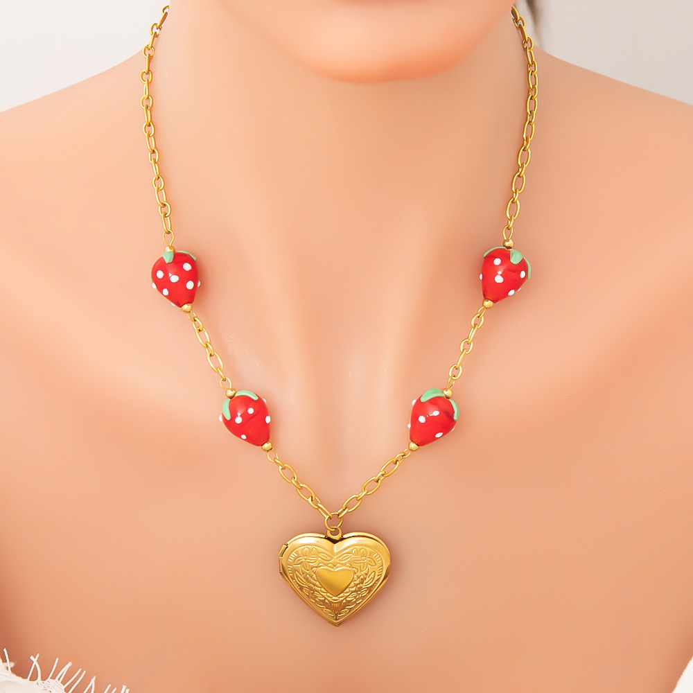17g Weight PVD Coated Gold Plating Process 18K Gold Plated Plating Material Glass, Titanium Steel Pendant Material Pendant Necklace Classification Titanium Steel Chain Material Beaded Chain, Paperclip Chain, cable chain Chain Type 1 Piece Quantity Casual, Daily Occasion Glass, Titanium Steel Material Cherry, Heart Shape, Strawberry Pattern Women's Gender Plating Design Cute Style Gold Color Cute Cherry Heart Shape Strawberry 18K Gold Plated PVD Coated Glass Titanium Steel Beaded Chain Paperclip Chain Cable Chain Pendant Necklaces Wholesale 5