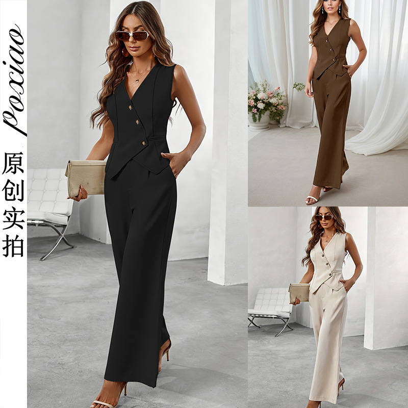 Cross-Border European and American Solid Color V-Neck Sleeveless High-Waisted Women's Pants Suit Commuting Button Set Cross-Border European and American Solid Color V-Neck Sleeveless High-Waisted Women's Pants Suit Commuting Button Set