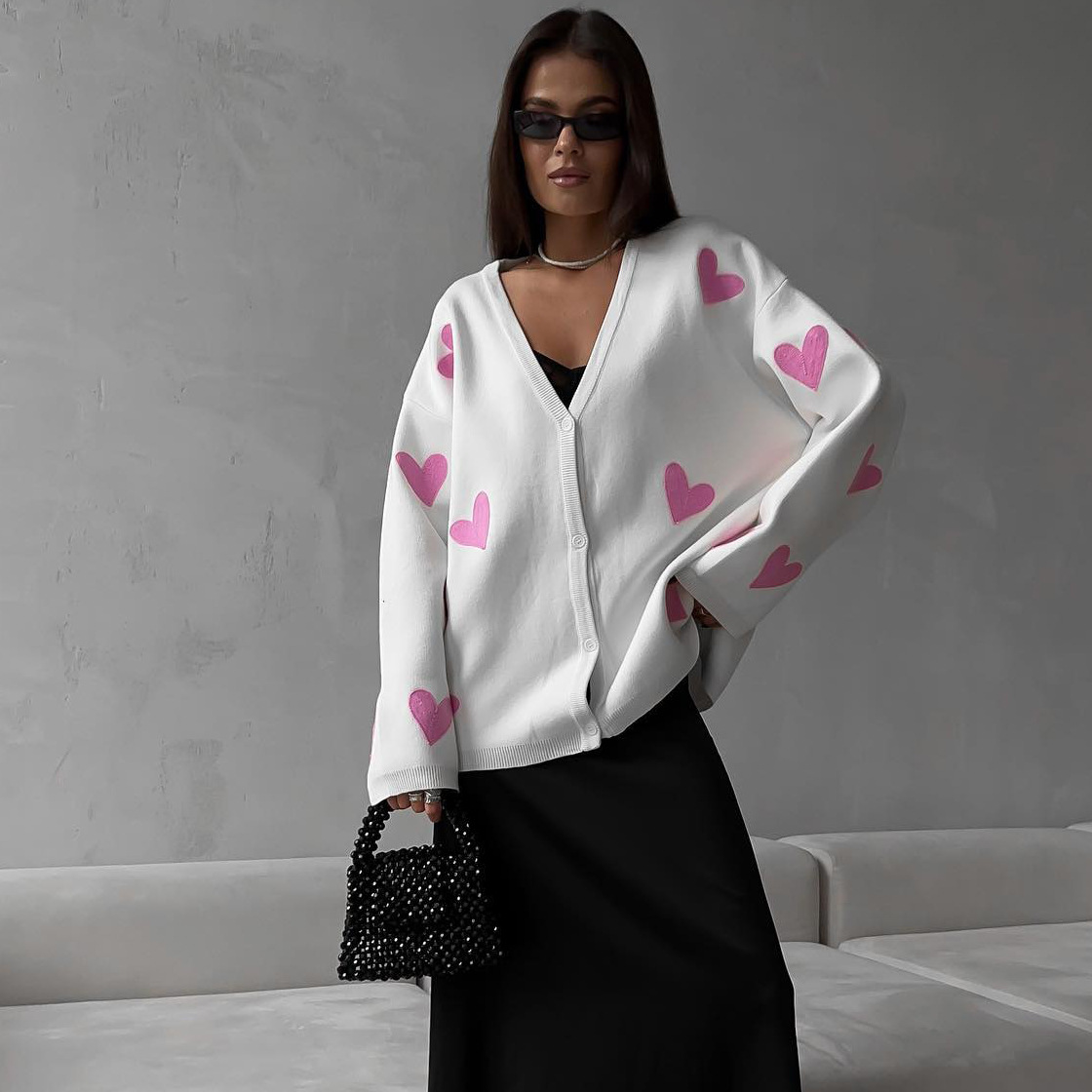 570g Weight Long Sleeve Sleeve Length Single Breasted Placket Type Regular Sleeve Sleeve Type Viscose fiber Fabric Type Regular Top Length Sweater Tops Type Holiday, Street Occasion V Neck Neckline Loose Fit Type Heart Shape Pattern Winter, Autumn Season Women's Gender Elegant, Streetwear Style Women's Sweater Long Sleeve Sweaters & Cardigans Elegant Streetwear Heart Shape 14
