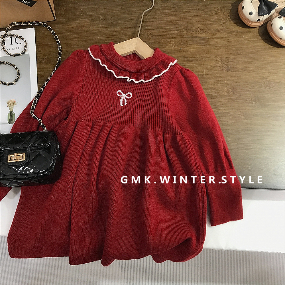 demi-season red children's woolen dress girl's