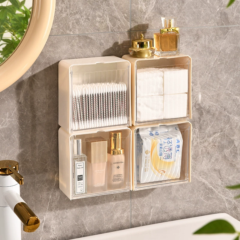 Wall-Mounted Modular Storage Box, Plastic Cosmetic Organizer, Waterproof Compartments (Cream)