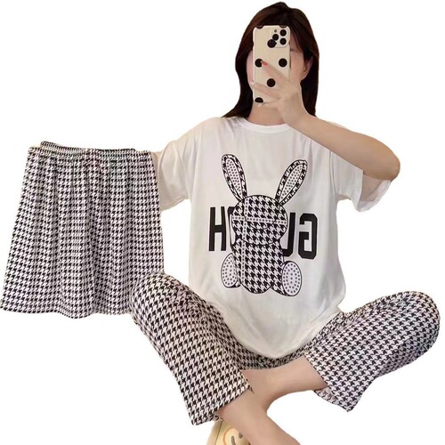 New style pajamas for women's summer thin short-sleeved trousers, sweet cartoon three-piece suit, home wear, can be worn outside