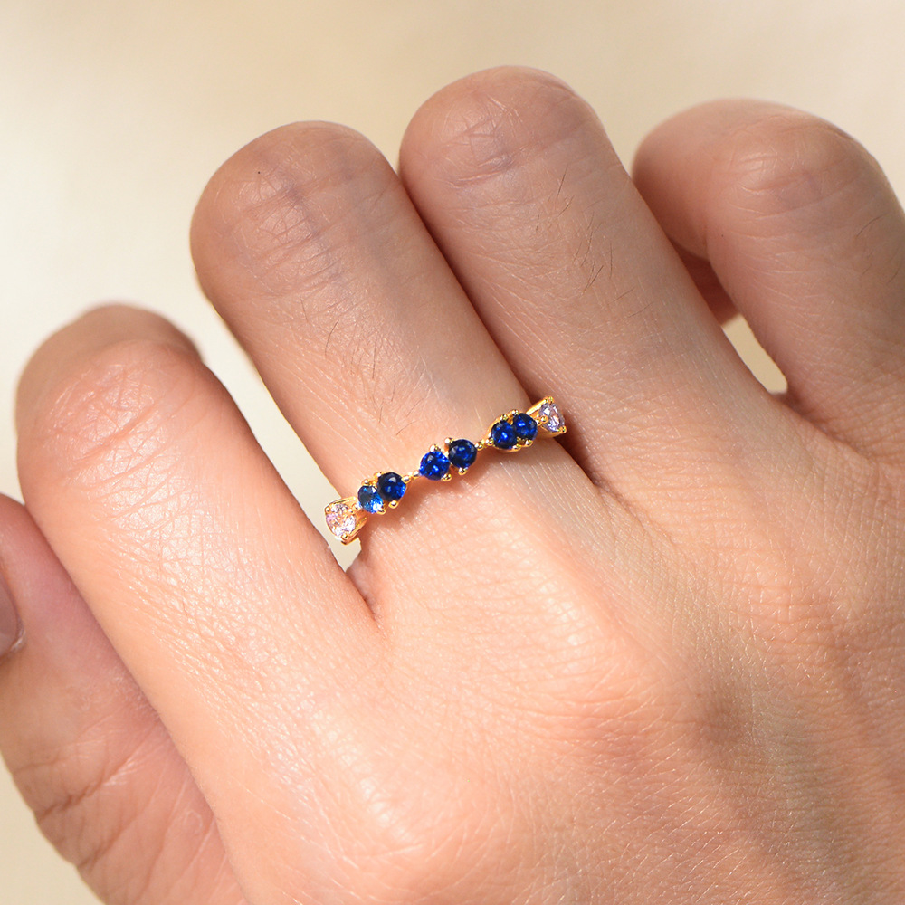 Anillo de circón azul y blanco degradado de plata de ley s925, temperamento europeo y americano femenino, lujo ligero, personalidad, anillo creativo, anillo de dedo índice