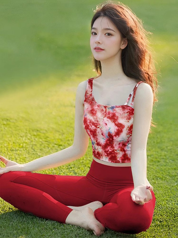 2025超火瑜伽服国风晕染印花带胸垫背心普拉提训练运动健身上衣夏|undefined