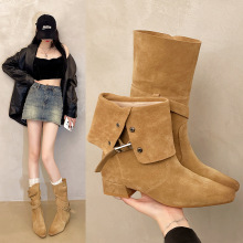 尖头高跟卡其色瘦瘦长靴女鞋2025夏季复古堆堆靴中筒骑士靴子