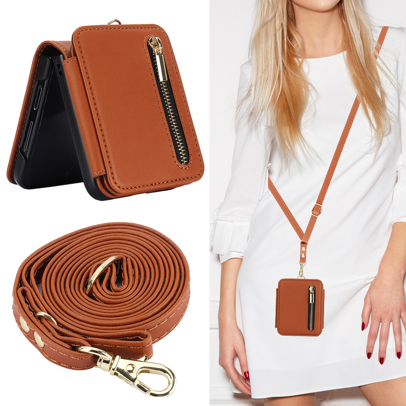 For Samsung Z Flip6 Phone Case Z Flip5 Solid Color Zipper Coin Purse Card Holder Crossbody Strap