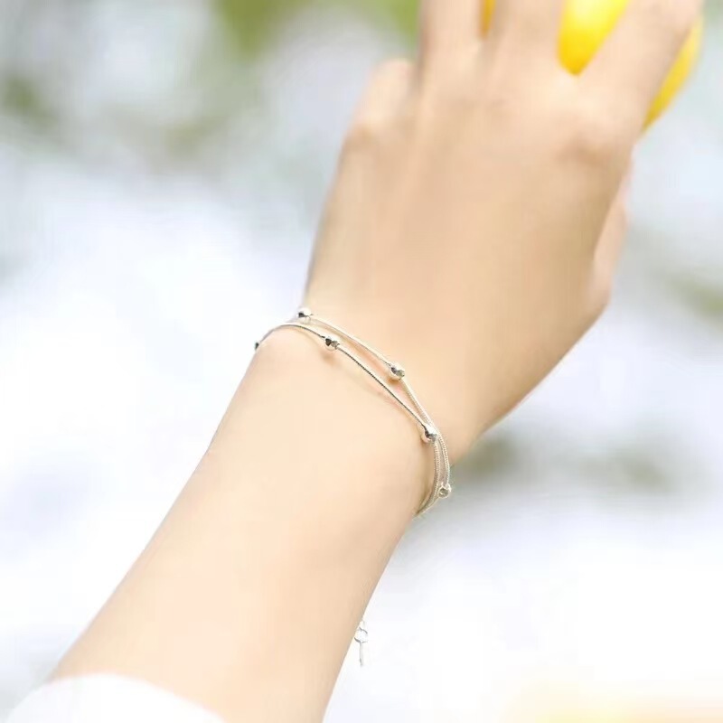 S925 Silver Double-Layer Small Bead Thin Chain Japanese and Korean Version Student Simple Fashion Three-Layer Snake Bone Chain Bracelet Wholesale