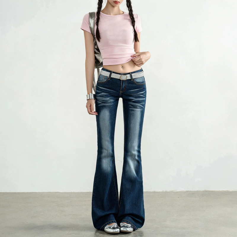 American-Style Straight-Leg Flared Jeans for Women, Summer and Spring, Low-Waist Slim-Fit Bell-Bottom Pants, Slimming Denim Pants for Women
