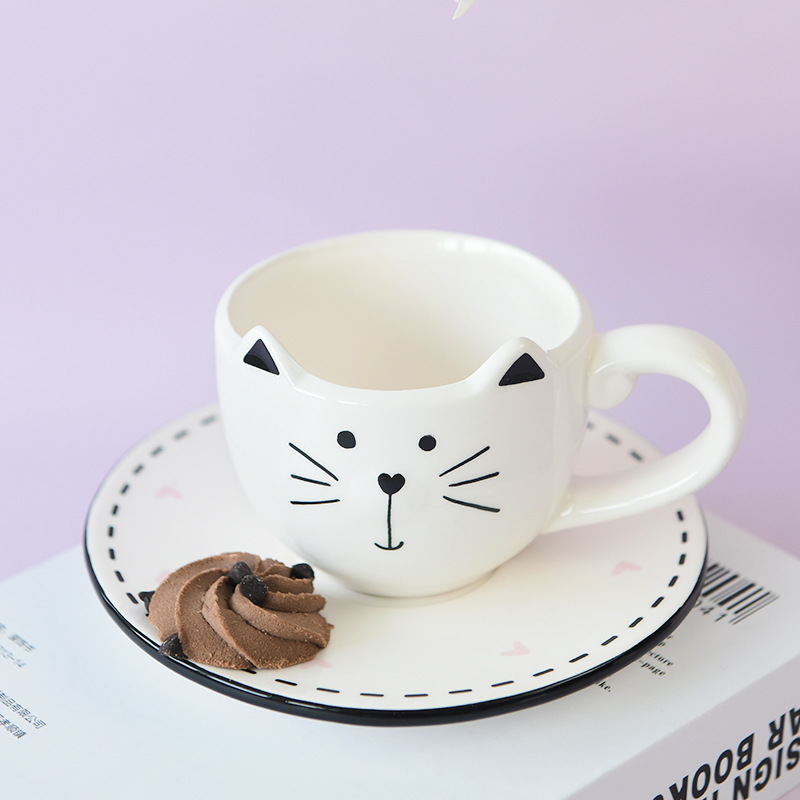 Gato negro taza de café y platillo traje de vajilla de cerámica serie cafetería club conjunto completo de fabricantes de una sola pieza de entrega