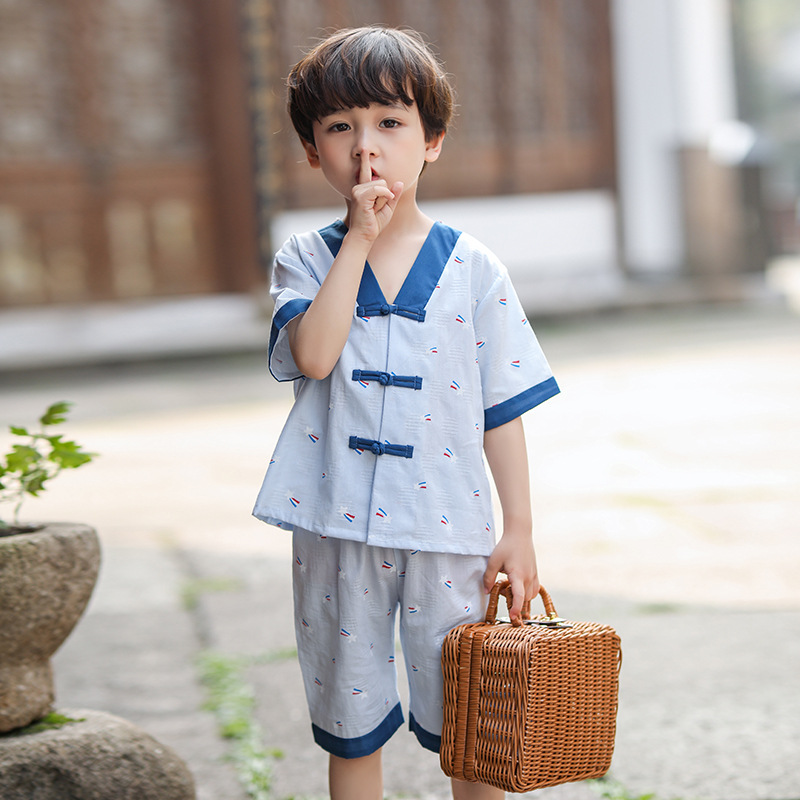 汉服男童夏季套装中国风儿童复古装中大童棉麻薄款两件套男孩唐装