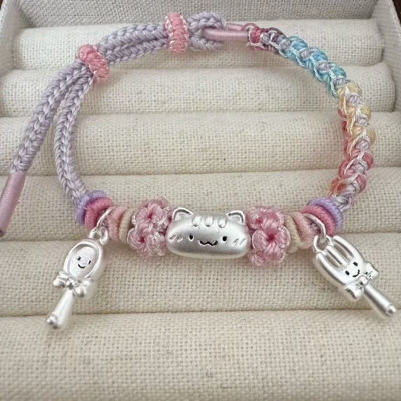 999 Pure Silver Pendant Baguette Cat Handmade Braided Rope Fork Spoon Cute Bracelet Woven Bracelet Gift