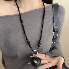 甜酷辣妹风黑色珍珠串珠项链个性皮革爱心吊坠长款毛衣链时尚颈链