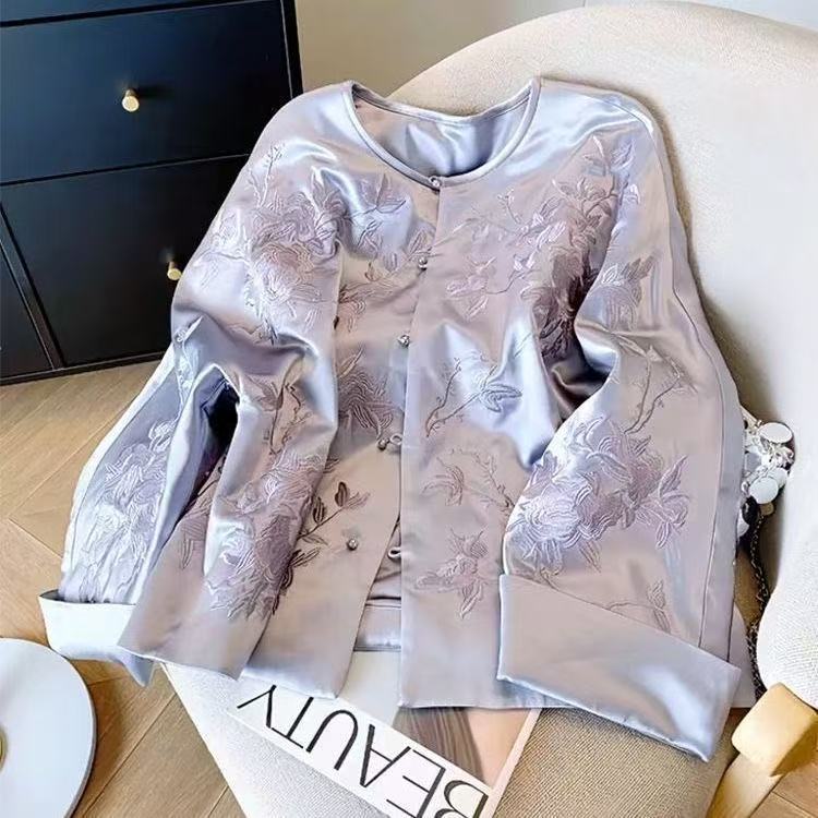2025春秋款新款爆款新中式唐装中国风女装宋锦灰色刺绣外套春秋款|undefined