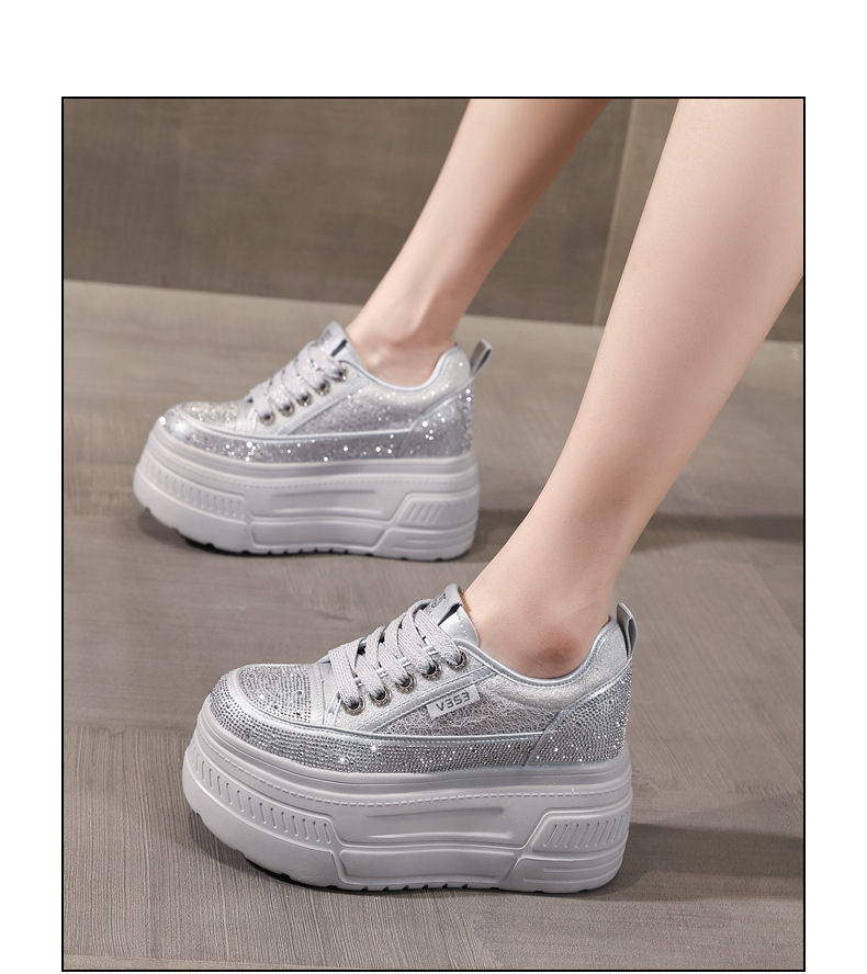 Giày sneaker nữ đế dày tăng chiều cao, phối đá rhinestone trắng, phong cách thể thao — màu trắng chi tiết 15