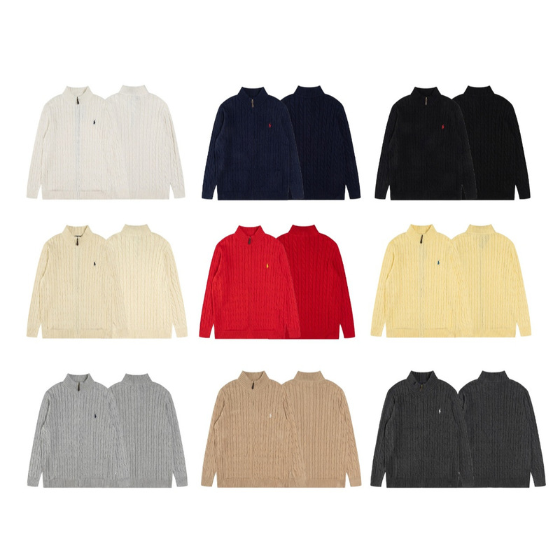 25 High-Quality Scanable Classic Pony Logo Embroidered Logo Full Zipper Casual Knitted Cable Cardigan Sweater