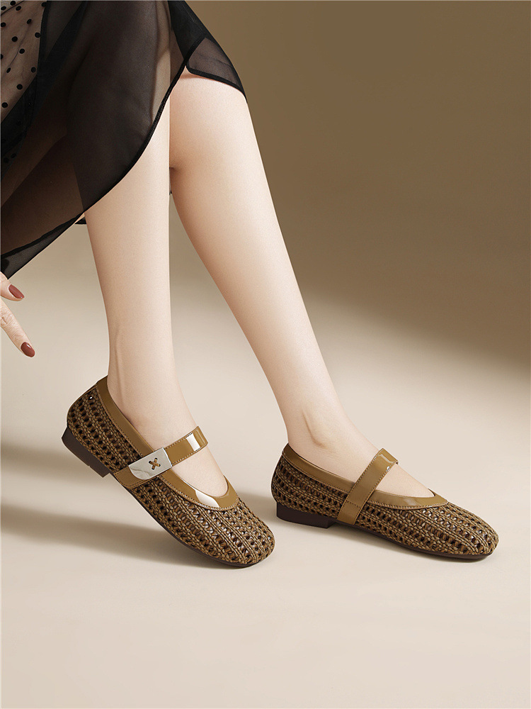 Dép sandal nữ da thật dệt rỗng mũi tròn đế bệt quai chữ V — 6057 Màu cà phê, 6057 Màu be chi tiết 11