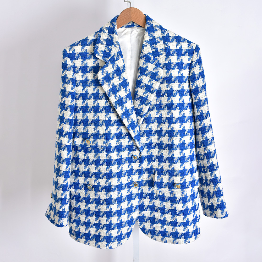 Women's Clothing Tweed Retro Houndstooth Loose Single Breasted Suit_voghion.com