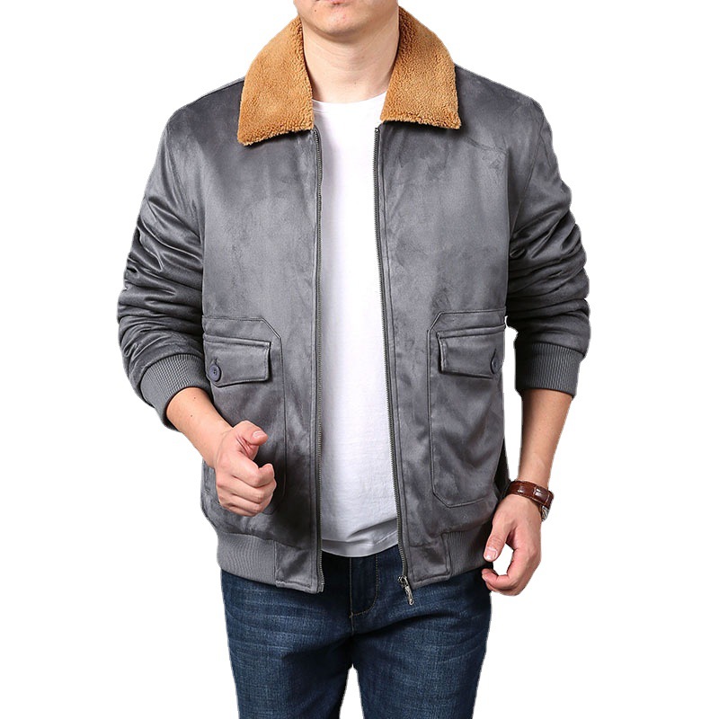 Winterjacke aus Wildleder für Herren mit dickem, lockerem Kragen, mehreren Taschen, warmer Lammwolle, Übergrößenjacke_voghion.com