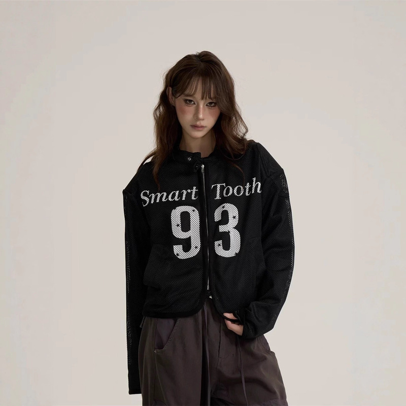 Retro European and American Sexy Letter Printed Mesh Shoulder Pad Jacket for Women Loose Casual Versatile Hip-Hop Jersey Blouse Trendy