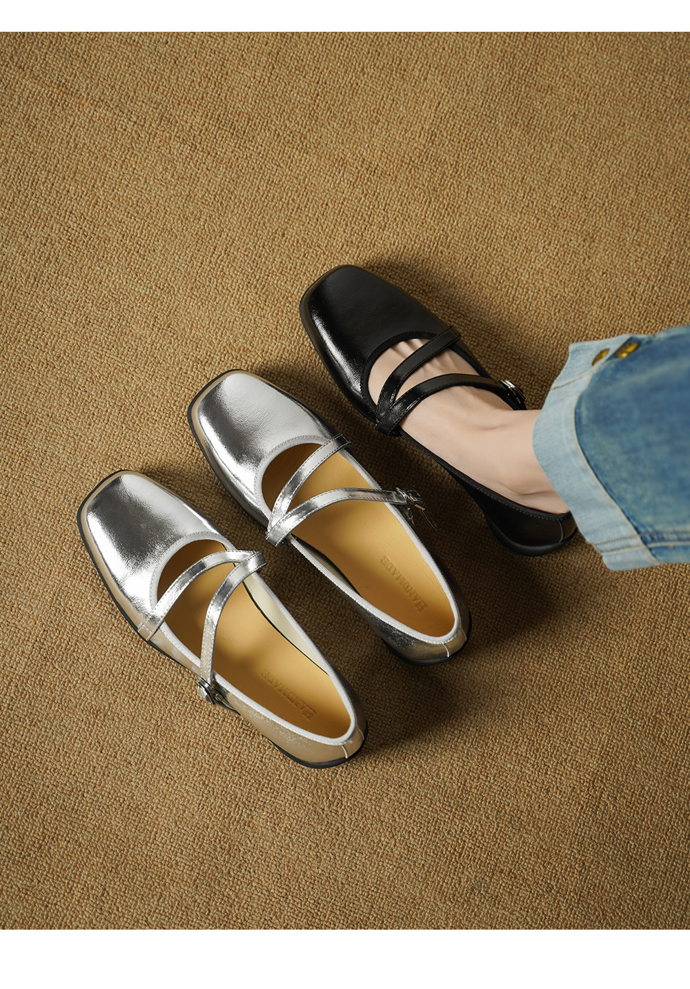 Giày Mary Jane nữ da cừu miệng nông đế bệt phong cách học sinh quai ngang khóa Velcro — đen chi tiết 1