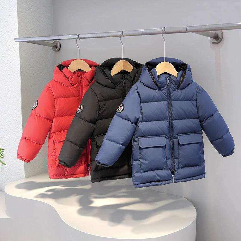 Детская одежда 2023, детский пуховик, утолщенный белый утиный пух средней длины, детская зимняя куртка среднего и большого размера, дропшиппинг