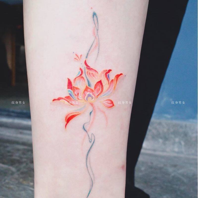 Niche Zen-Style Colorful Lotus Tattoo Stickers, Instagram-Style Ethereal Gradient Lotus Tattoo Stickers for Ankle, Wrist, Collarbone, and Girl's Body Niche Zen-Style Colorful Lotus Tattoo Stickers, Instagram-Style Ethereal Gradient Lotus Tattoo Stickers for Ankle, Wrist, Collarbone, and Girl's Body