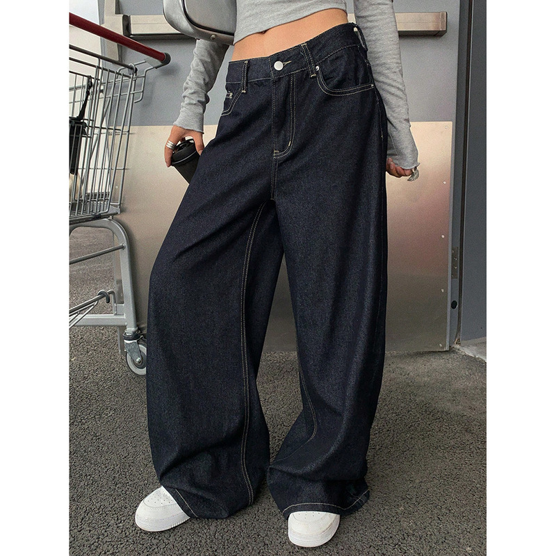 New 2024 American-Style High-Waisted Loose Washed Denim Jeans for Women, Trendy Brand Style, Spring and Autumn Wide-Leg Long Pants with a Floor-Length Design