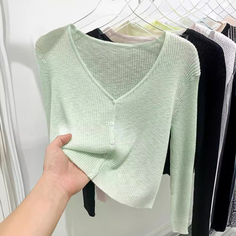 Bamboo Cotton and Linen Ice Silk Knitted Cardigan Short Top Women's Summer Thin Sun Protection Bottoming Shirt 2025 New Blouse
