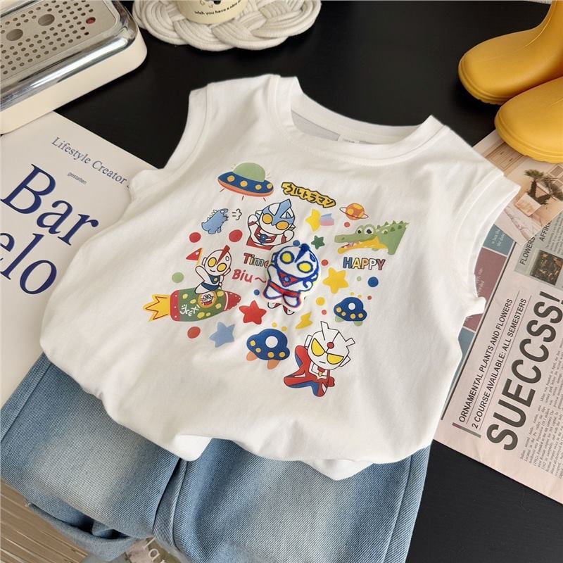 夏の新しい漫画スタイルの小中型子供服男の子ベビーウルトラマン立体人形ベスト Tシャツトップ|undefined