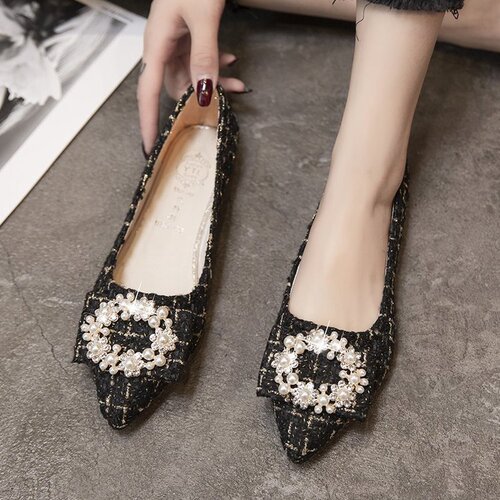 2025 Spring New Korean Style Flat Shoes with Pointed Toe, Open Mouth, Pearl Button, Single Strap, Women's Flat Shoes for Sale