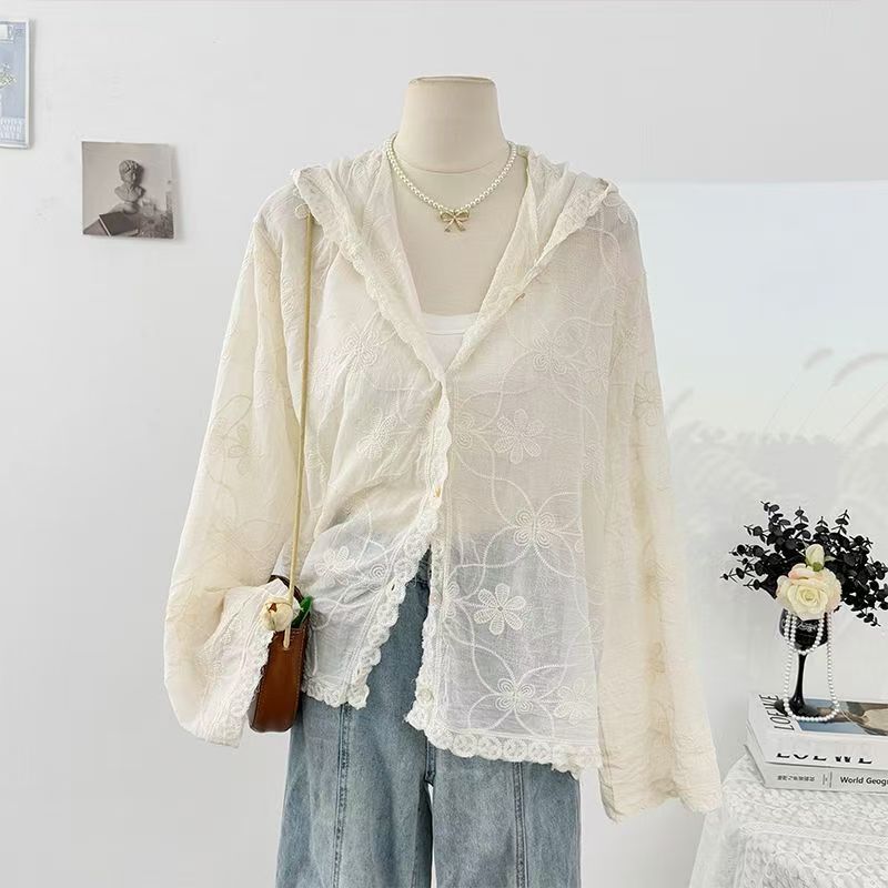 Korean Lace Embroidered Thin Hooded Long-Sleeved Shirt for Women Winter New Loose Single-Breasted Versatile Sun Protection Top