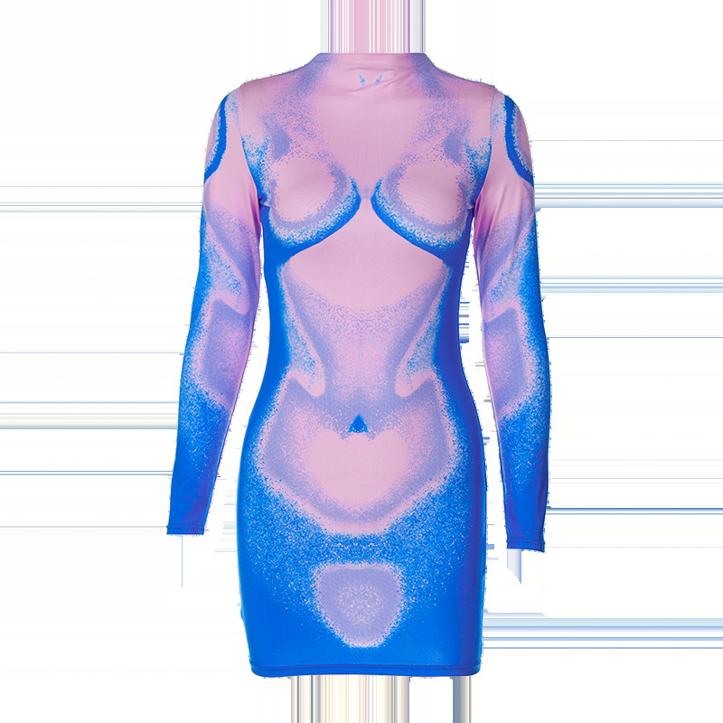 Fashion Solid Color Round Neck Long Sleeve Patchwork Spandex Polyester Knee-Length Sheath Dress