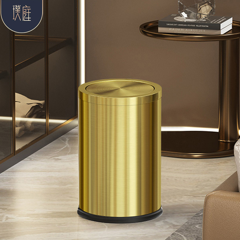 Cross-border Stainless Steel Trash Bin Metal with Lid Household Living Room Bedroom Kitchen Bathroom Hotel Large Capacity Light Luxury
