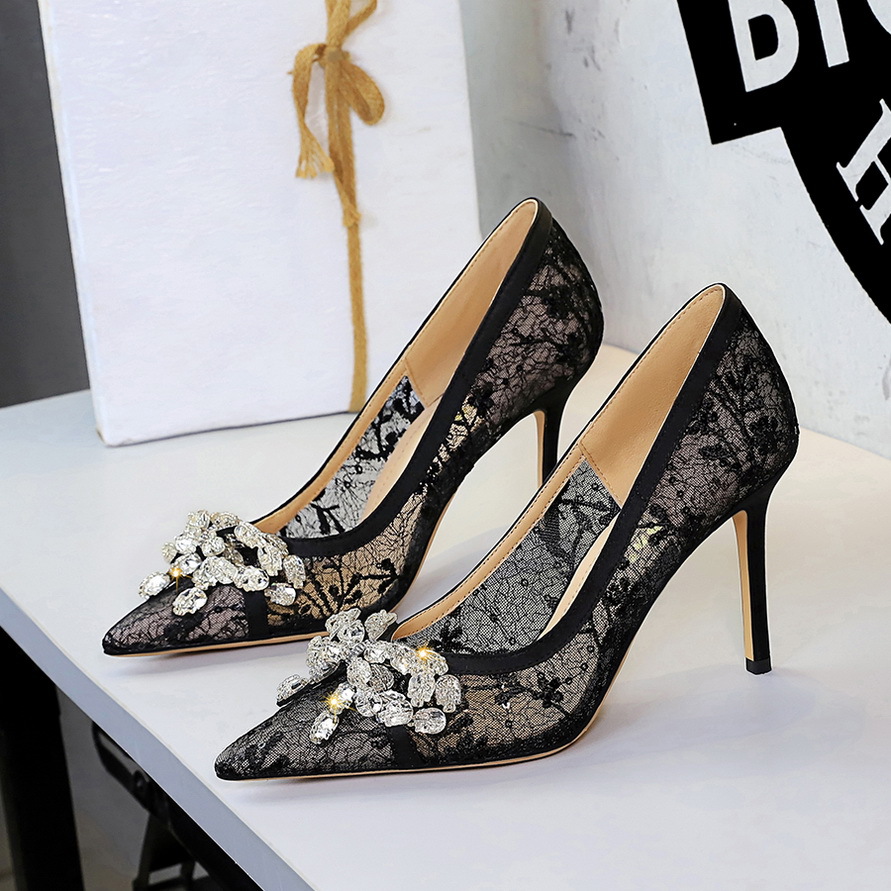 1963-H19 European And American Style Sexy Party High-heeled For Women, Lace Mesh With Rhinestone Bow, Pointed Toe_vogvips.com