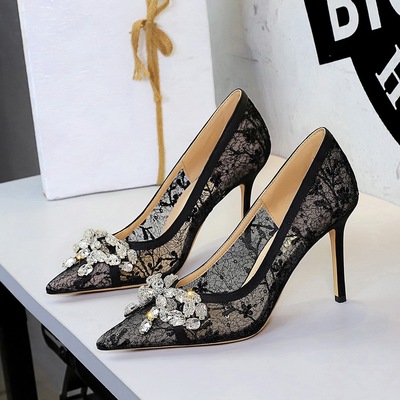 1963-H19 European and American style sexy banquet high heels women's lace mesh rhinestone bow pointed shallow mouth