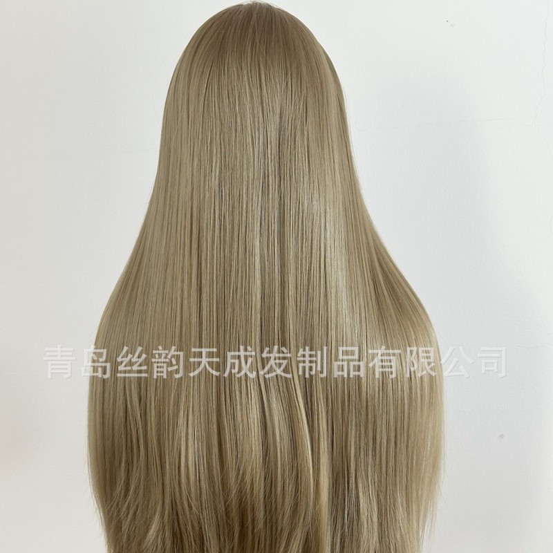 跨境Cos wig假发女亚麻金长直发手钩前蕾丝哑光高温丝全头套|undefined
