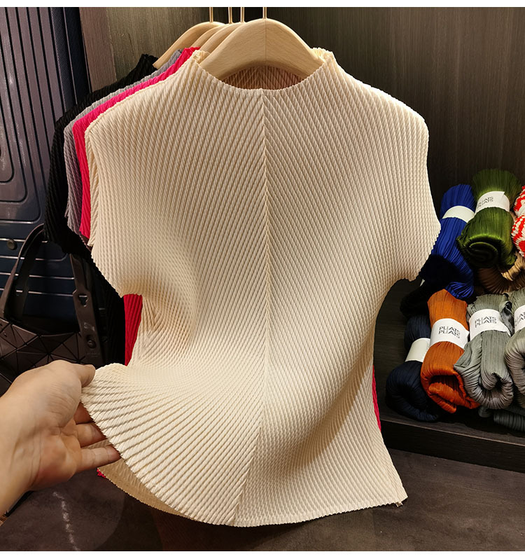 Áo cổ đứng xếp li vảy rồng tay ngắn nữ cao cấp đa năng — Màu đen, Màu đỏ hoa hồng, Màu hồng, Màu xanh lá chi tiết 4