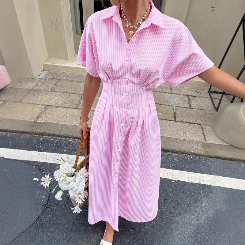 In-Stock European and American Cross-Border Independent Brand Striped Short-Sleeve Mid-Length Pleated Waist-Cinching Dress with Slit Hem Shirt Dress