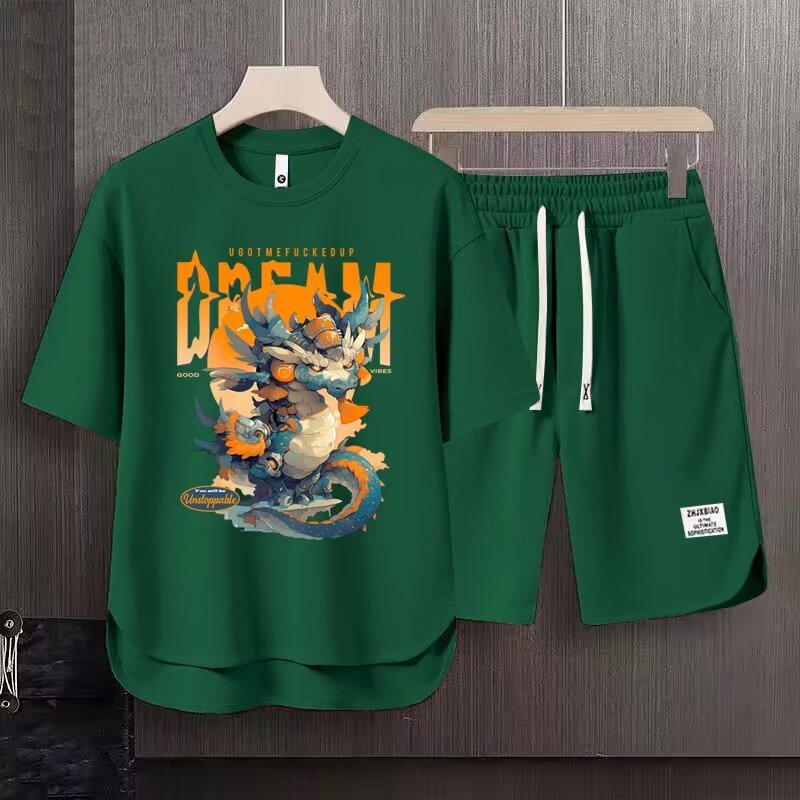 Men's Clothing 2024 Waffle Casual Summer Suit Men's Loose Teen Short sleeved T shirt Shorts Handsome Two piece Suit_desvips.com